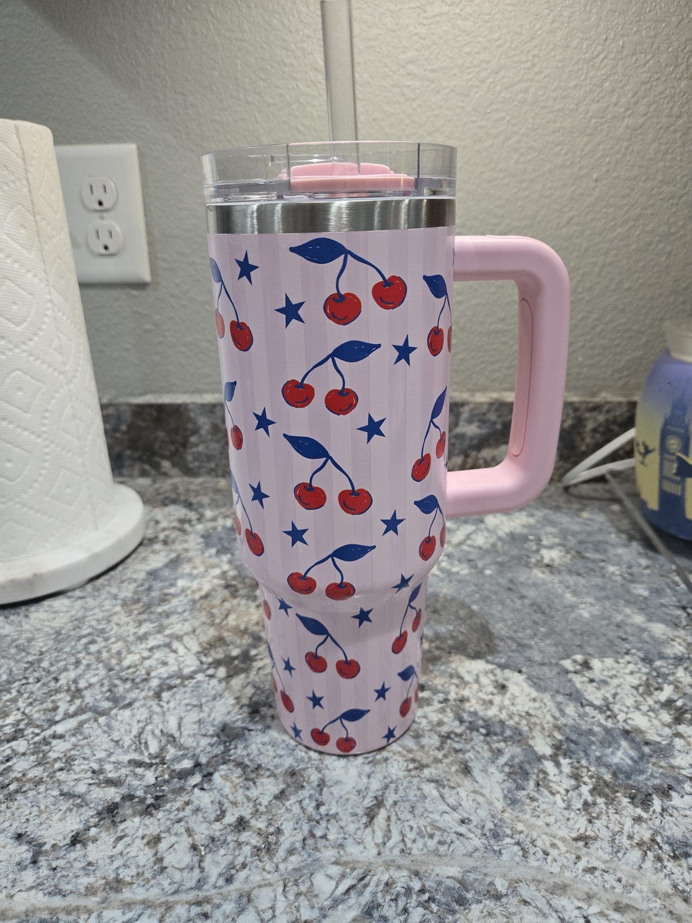 40 Oz Pink Cherry Travel Tumbler with Handle